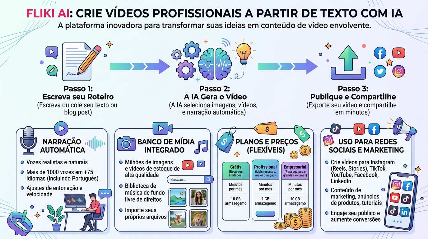 Infográfico Fliki AI, funcionalidades principais