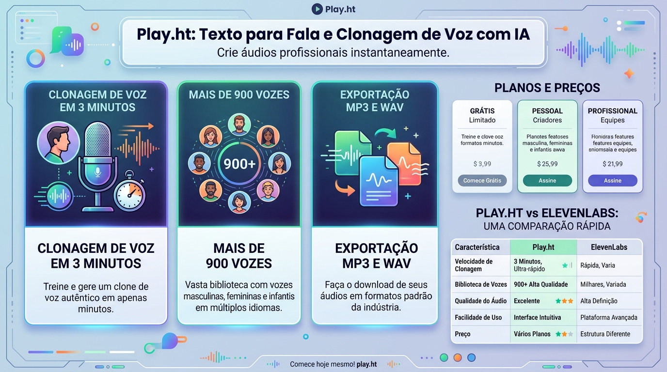 Infográfico Play.ht, recursos de clonagem de voz