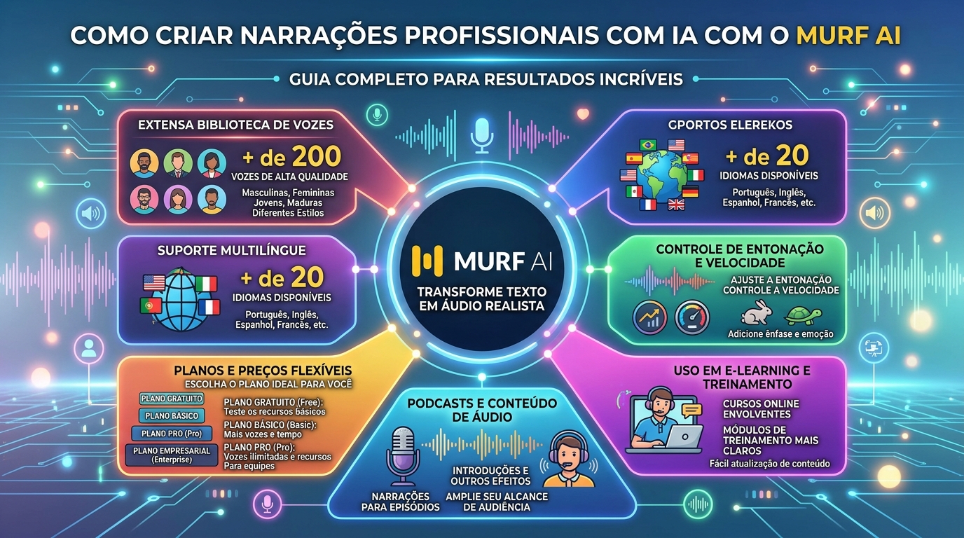 Infográfico Murf AI, recursos e planos